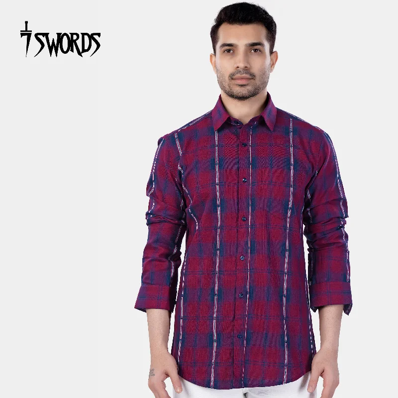 Elevated Weekend 7swords-Pansy Maroon and Ebony Clay Blue Plaid Premium Cotton Shirt