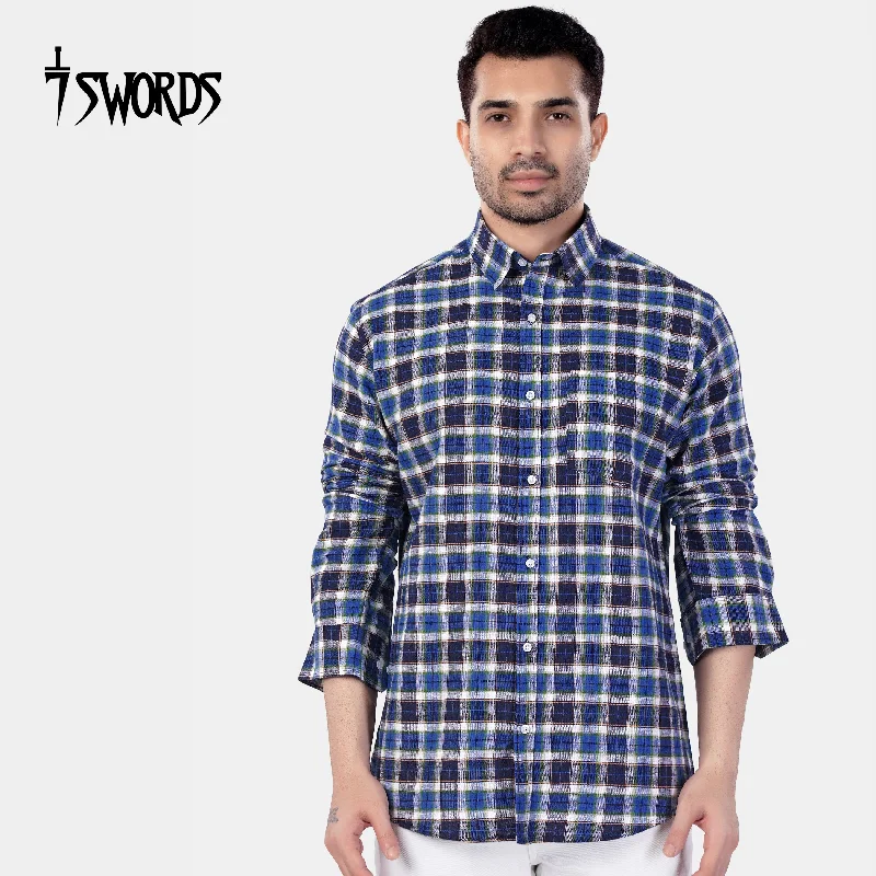 Monochrome Street 7swords-Haiti Blue with Azure Blue and White Plaid Premium Cotton Shirt