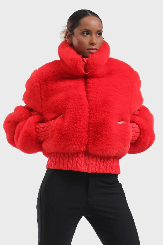 Monochrome Street Elegant Women's Red Faux Fur Slim Fit Ski Jacket