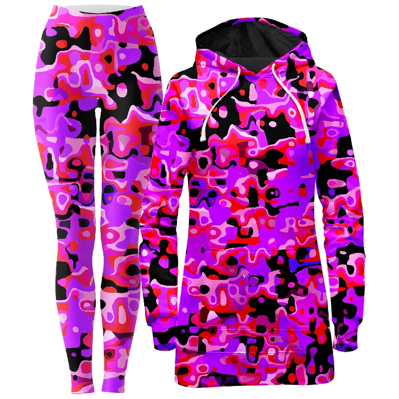 Elegant Casual Purple Red and Black Rave Camo Melt Hoodie Dress and Leggings Combo