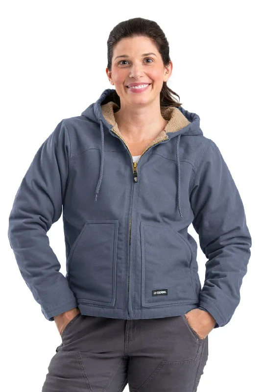 Rugged Utility Berne Steel Blue 100% Cotton Womens Softstone Hooded Coat Sherpa