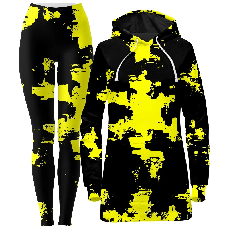 Chic Outerwear Black and Yellow Abstract Hoodie Dress and Leggings Combo