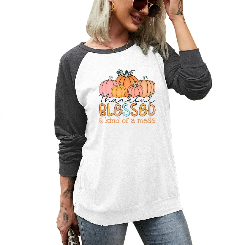 Relaxed Monochrome Look Thankful, Blessed Long Sleeve Tee