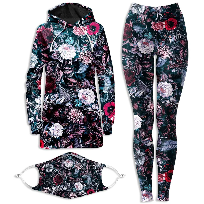 Relaxed Street Look Blue Garden Hoodie Dress and Leggings with PM 2.5 Face Mask Combo