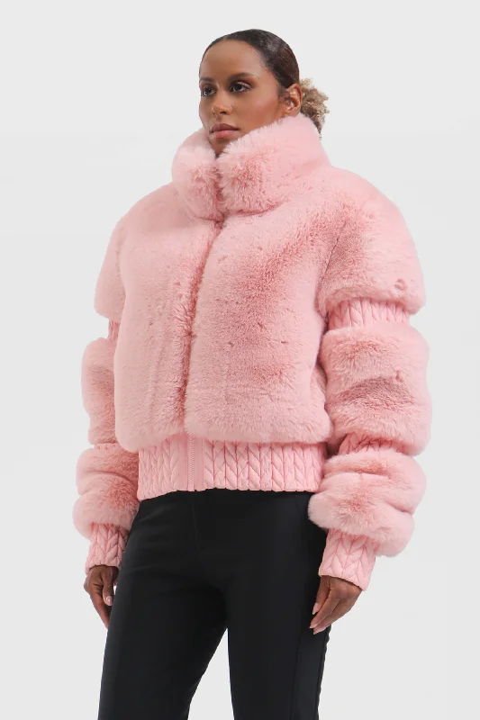 Sporty Fit Look Elegant Women's Pink Faux Fur Slim Fit Ski Jacket