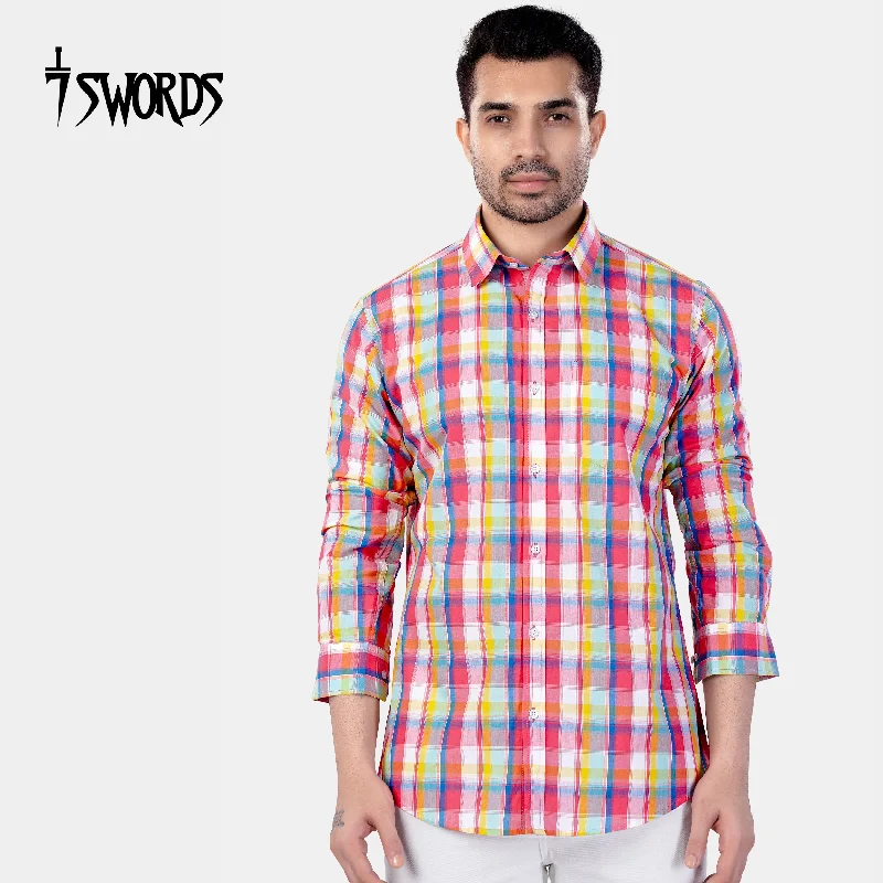 Urban Essentials 7swords-Mandy Pink with Sienna Orange and Glacier Blue Plaid Premium Cotton Shirt