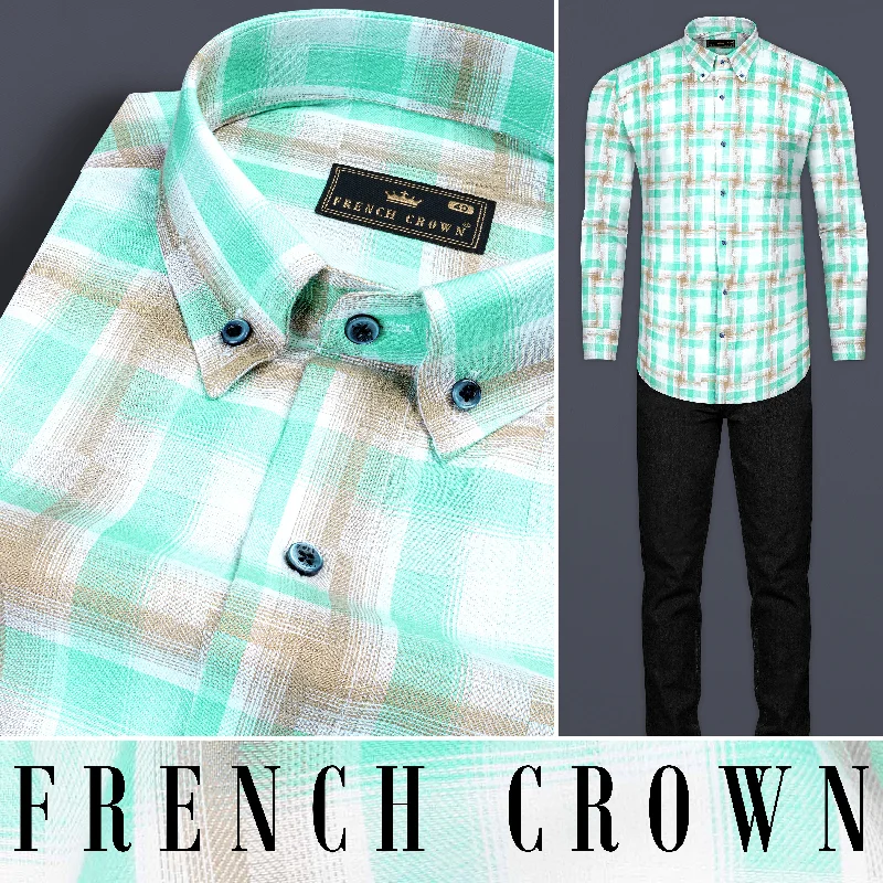 Modern Tailored Bright White with Pavlova Brown and Riptide Green Twill Plaid Premium Cotton Shirt