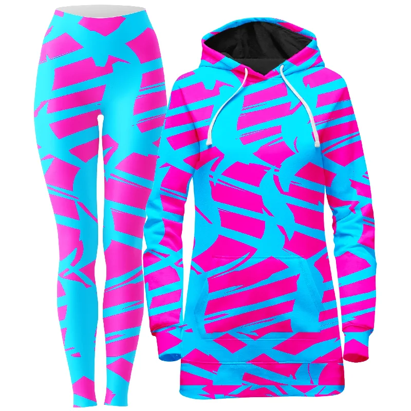 Modern Tailored Pink and Blue Squiggly Rave Checkered Hoodie Dress and Leggings Combo