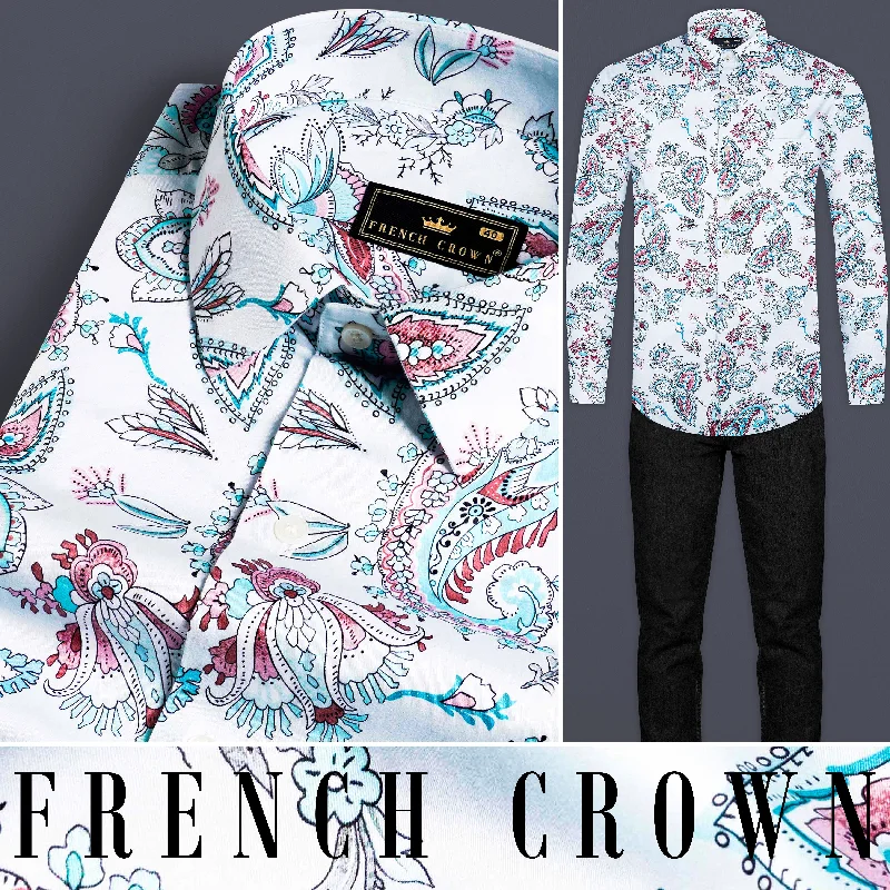 Sleek Casualwear Bright White and Tiffany Blue Leaves Printed Subtle Sheen Super Soft Premium Cotton Shirt