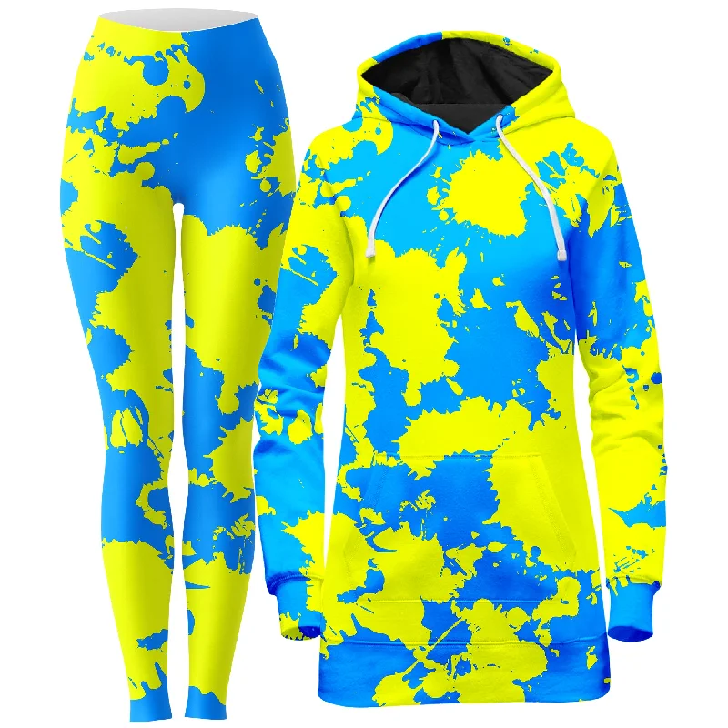 Tailored Street Yellow and Blue Paint Splatter Hoodie Dress and Leggings Combo