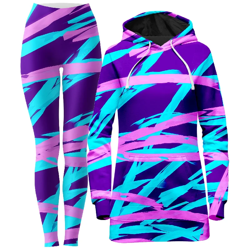 Stylish Patterns Purple and Blue Rave Abstract Hoodie Dress and Leggings Combo