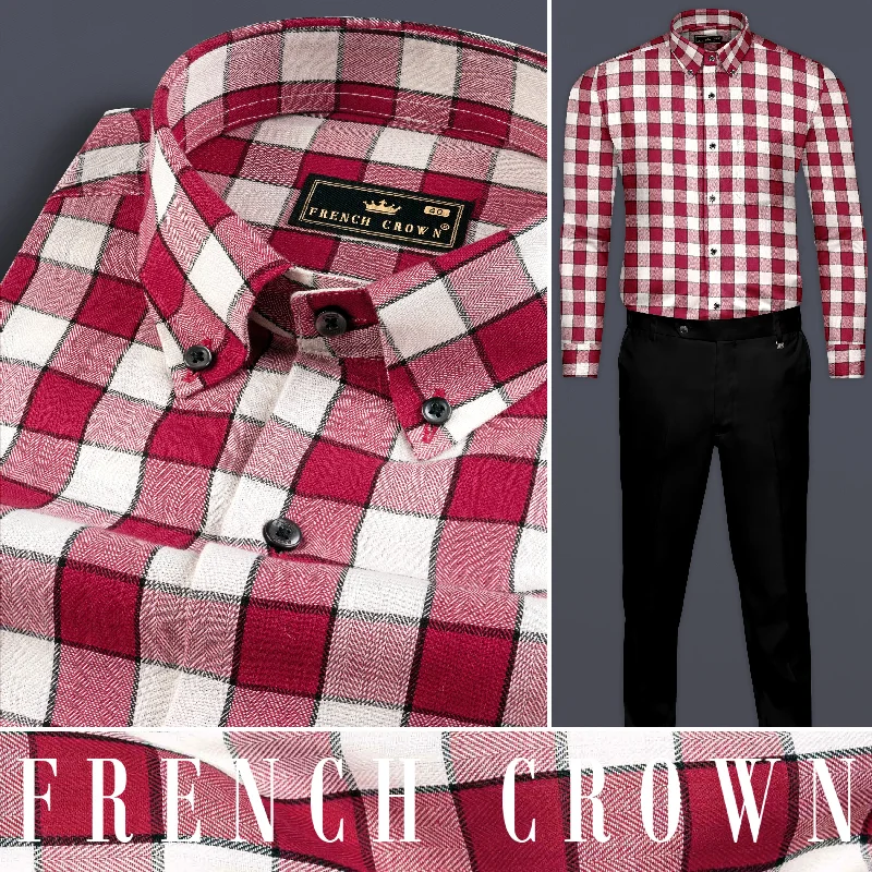 Simplistic Monochrome Shiraz Red with Blush checkered Herringbone Shirt