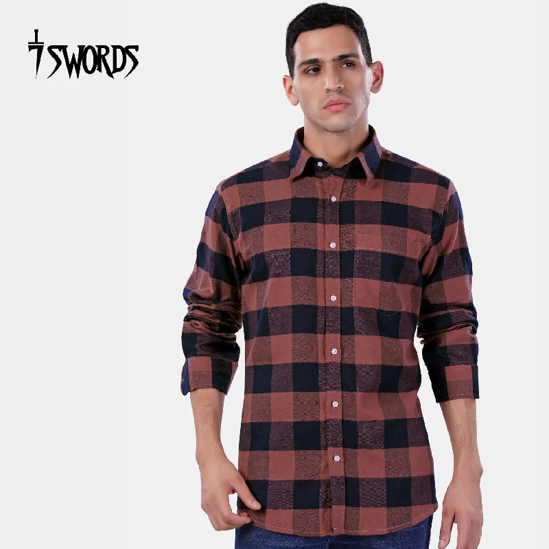 Retro Sportwear 7swords-Cordovan Brown and Firefly Blue Checked Premium Cotton Shirt