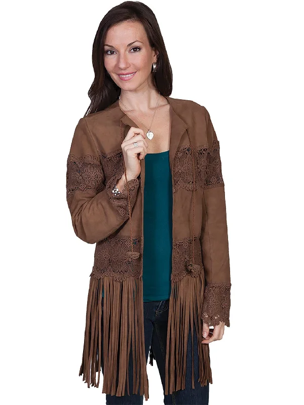 Clean Patterns Scully Womens Brown Leather Laced Crochet Coat