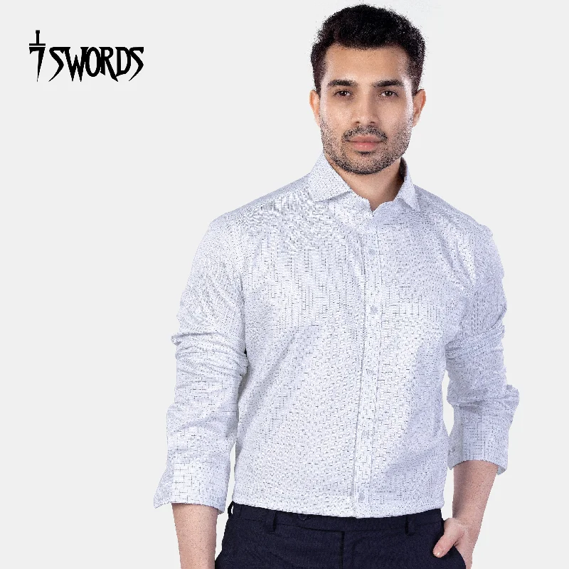 Weekend Rugged 7swords-Bright White and Cloud Burst Blue Checkered Premium Cotton Shirt