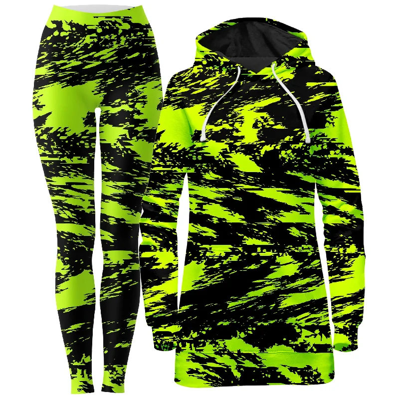 Sleek Neutrals Black Lime Bolt Glitch Hoodie Dress and Leggings Combo