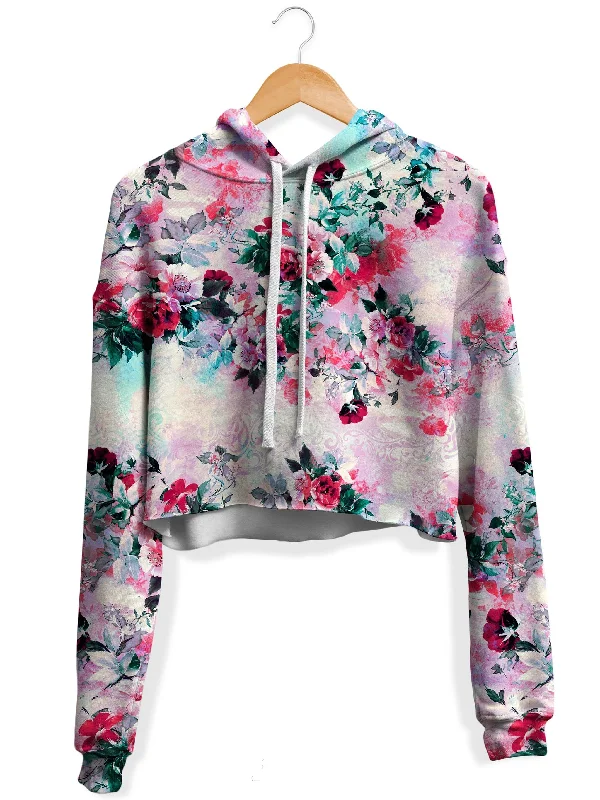 Casual Fitwear Pink Floral Fleece Crop Hoodie