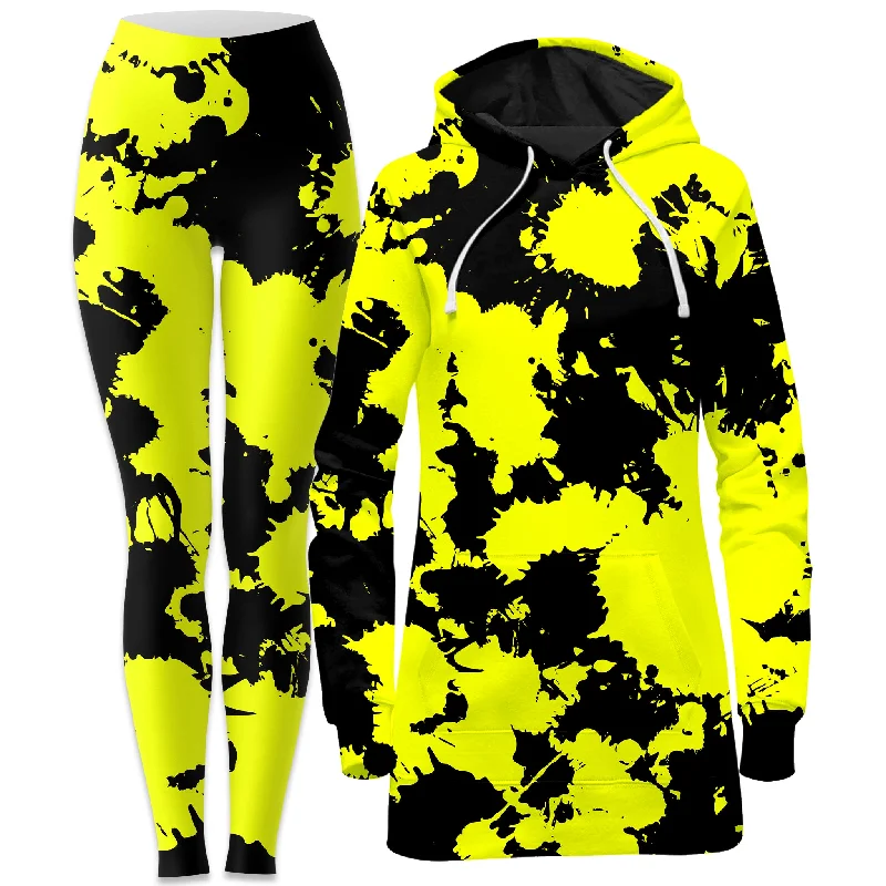 Relaxed Fashion Yellow and Black Paint Splatter Hoodie Dress and Leggings Combo