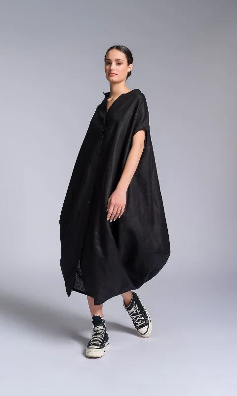 Sporty Outerwear Sleeveless Cocoon Linen Shirt Dress