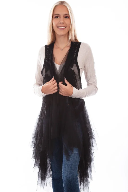 Relaxed Fashion Scully Womens Black Cotton Blend Tulle Layered Duster