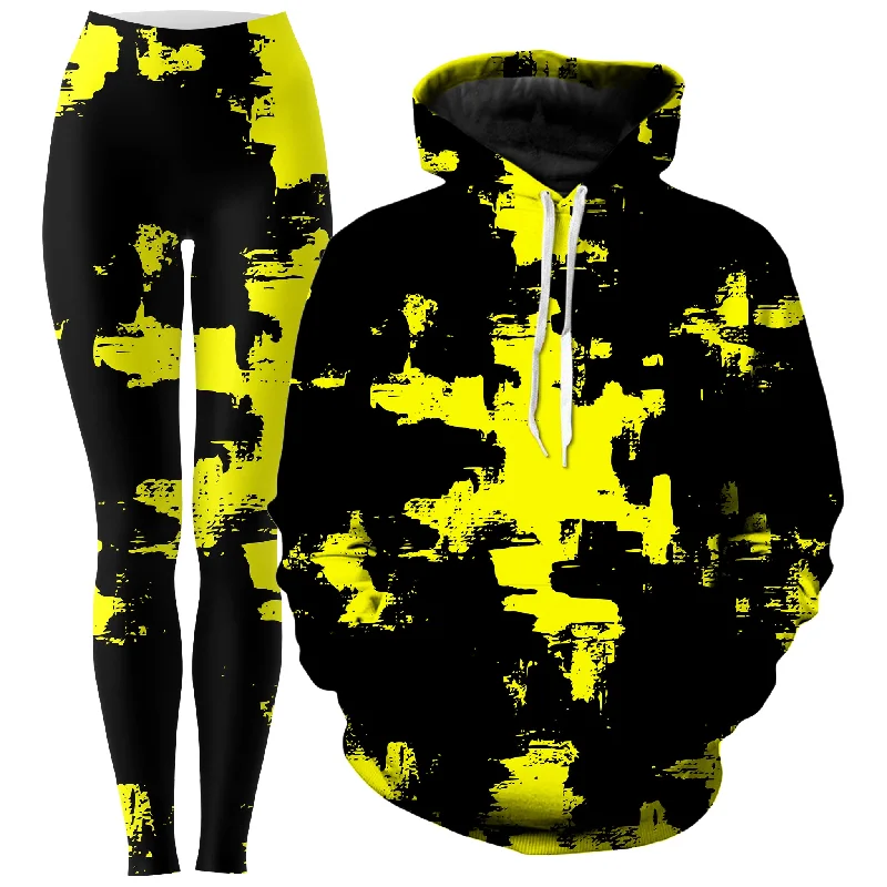 Cozy Streetwear Black and Yellow Abstract Hoodie and Leggings Combo