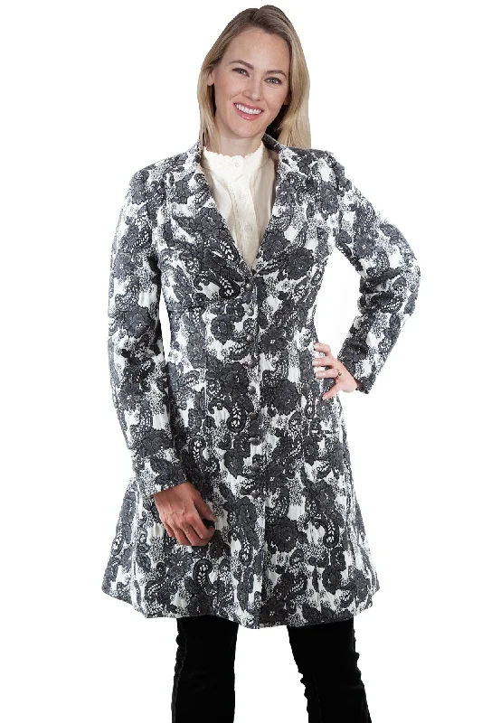 Cozy Street Style Scully Womens Black/White Polyester Damask Frock Coat