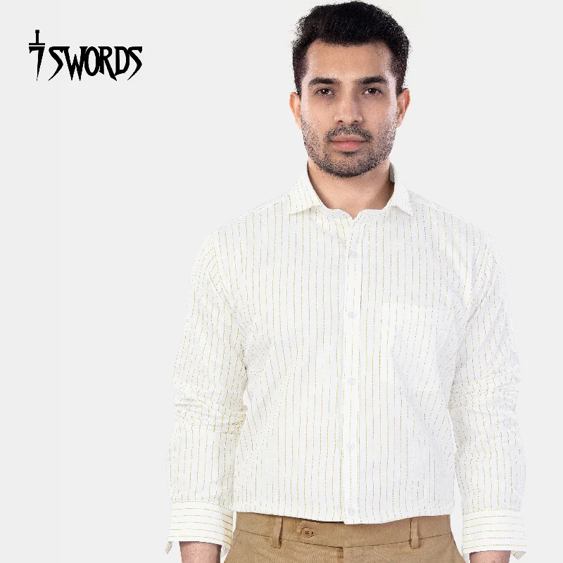 Timeless Sporty 7swords-Bright White and Sandy Yellow Striped Premium Cotton Shirt