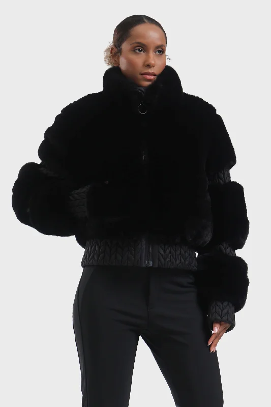 Retro Smart Elegant Women's Black Faux Fur Slim Fit Ski Jacket