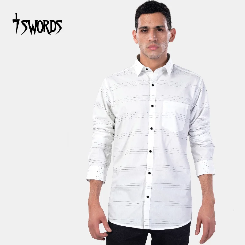 Soft Fitwear 7swords-Bright White and Black Striped Premium Cotton Shirt