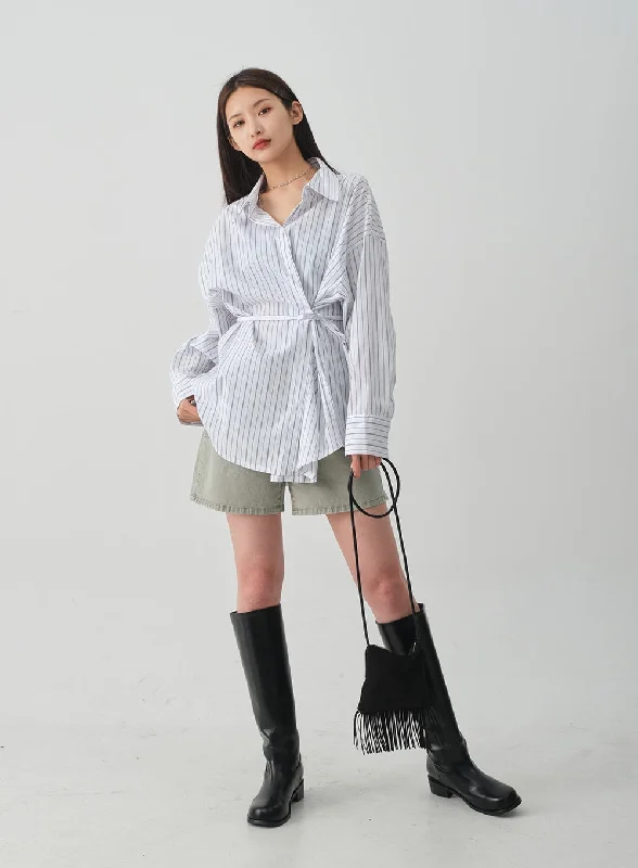 Modern Casual Look Oversized Striped Shirt with Waist Band Set CY27