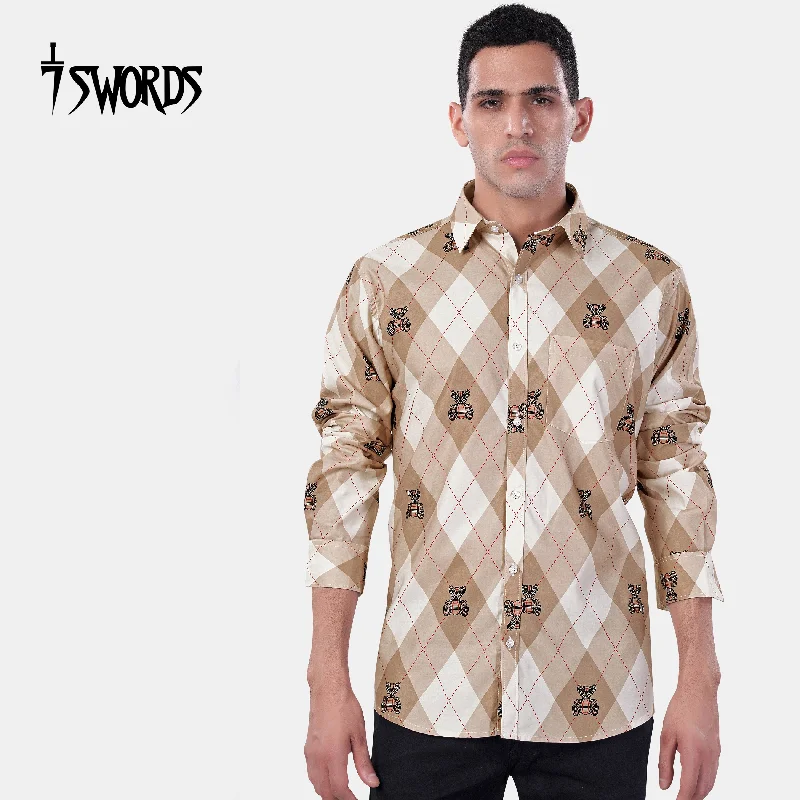 Relaxed Sport Look 7swords-Beaver Brown and White Geometric with Teddy Bear Printed Premium Cotton Shirt