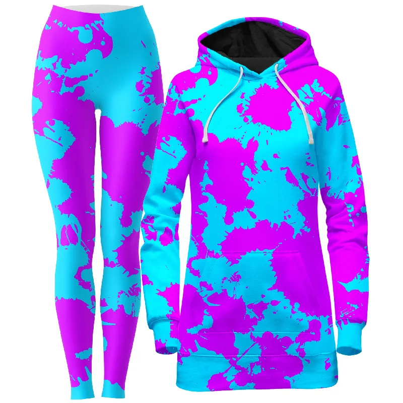 Versatile Fashion Blue and Purple Paint Splatter Hoodie Dress and Leggings Combo