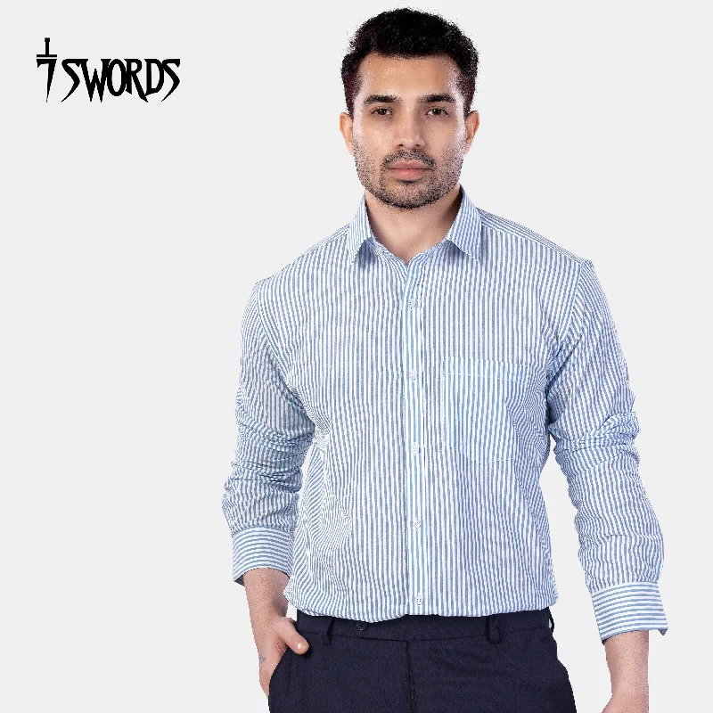 Urban Edge Look 7swords-Perano Blue and White Striped Premium Cotton Shirt