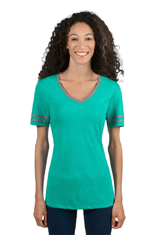 Relaxed Fit Look Jerzees Womens Varsity Ringer Moisture Wicking Short Sleeve V-Neck T-Shirt - Heather Mint Green/Oxford Grey - Closeout