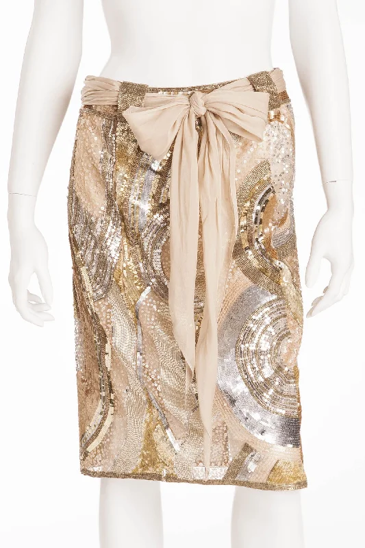 Stylish Patterns Valentino - IT 40 ,New Cream, Gold and Silver Sequin Pencil Skirt with Chiffon Belt -