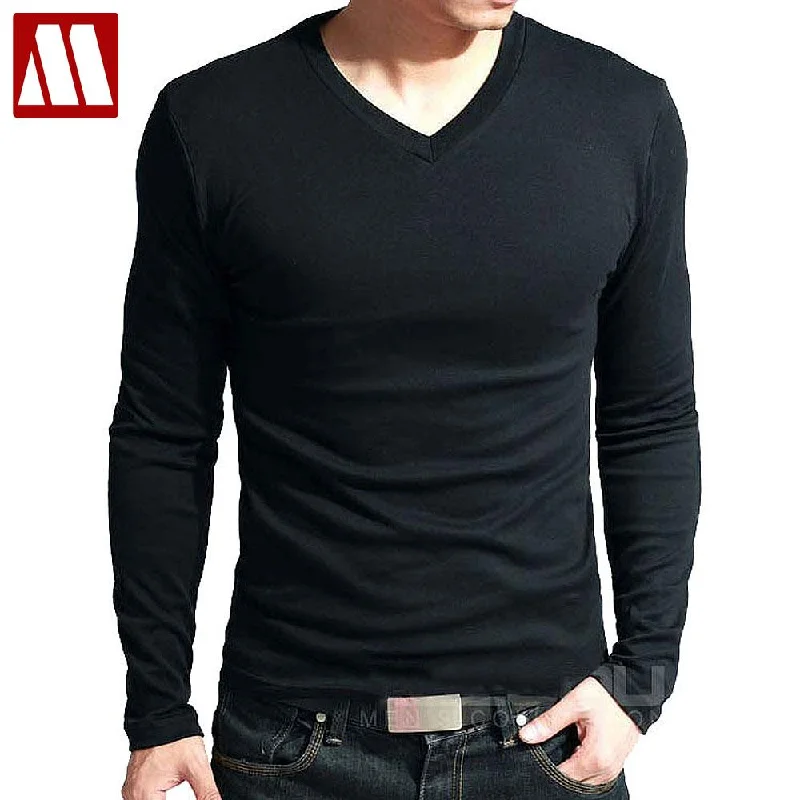 Classic Patterns Hot Sale New spring high-elastic cotton t-shirts men's long sleeve v neck tight t shirt free CHINA POST shipping Asia S-XXXXXL