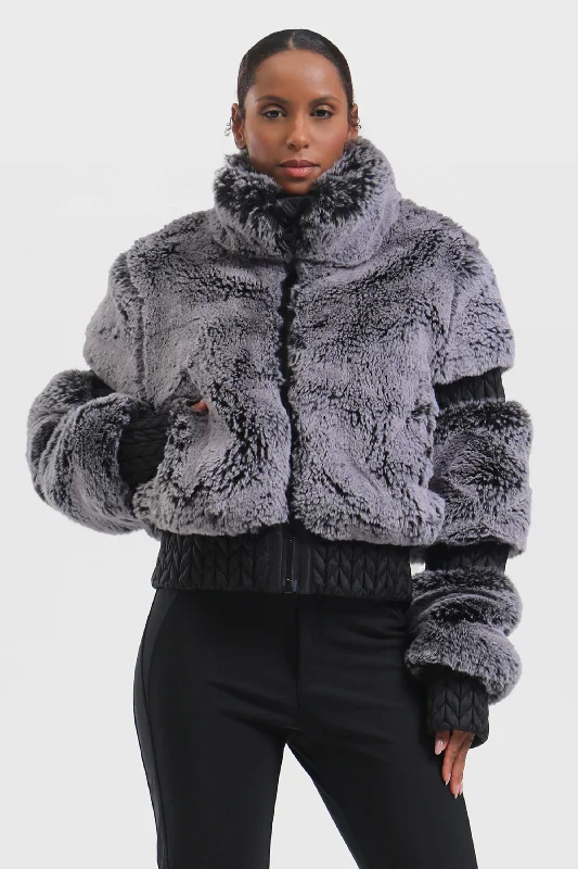 Structured Fit Elegant Women's Gray Faux Fur Slim Fit Ski Jacket