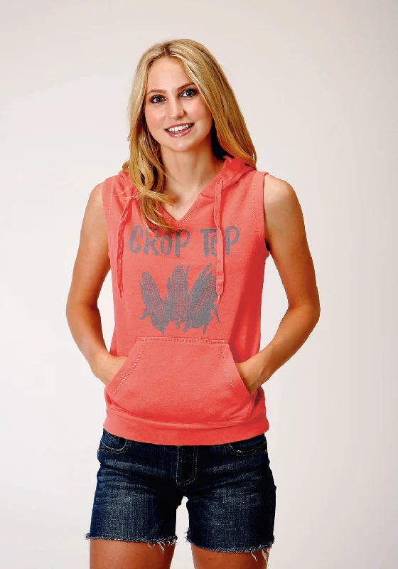 Relaxed Sport Look Roper Womens Coral Red Cotton Blend Crop Top S/L Hoodie