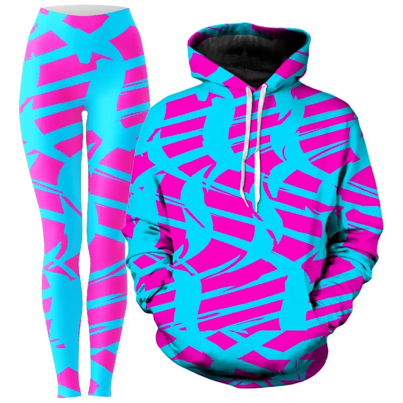 Rugged Utility Pink and Blue Squiggly Rave Checkered Hoodie and Leggings Combo