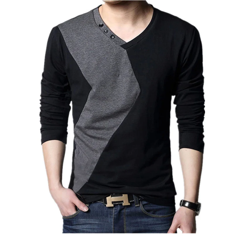 Sophisticated Edge Big size cotton t shirt  Spring/autumn fashion mens T-shirt homme men's long sleeved V-neck patchwork color casual T-shirts