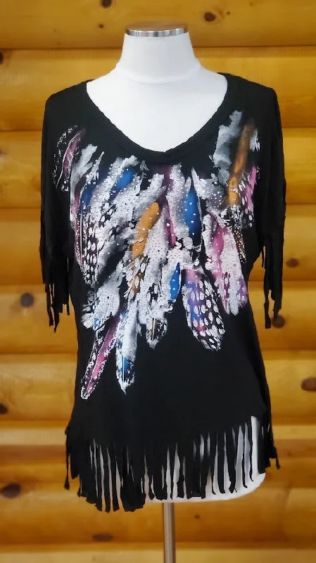 High-End Casual Liberty Wear Black Fringe and Feather Ladies' Tee