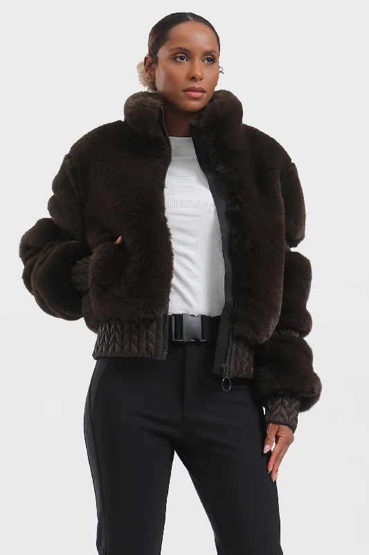 Classic Weekend Elegant Women's Coffee Faux Fur Slim Fit Ski Jacket