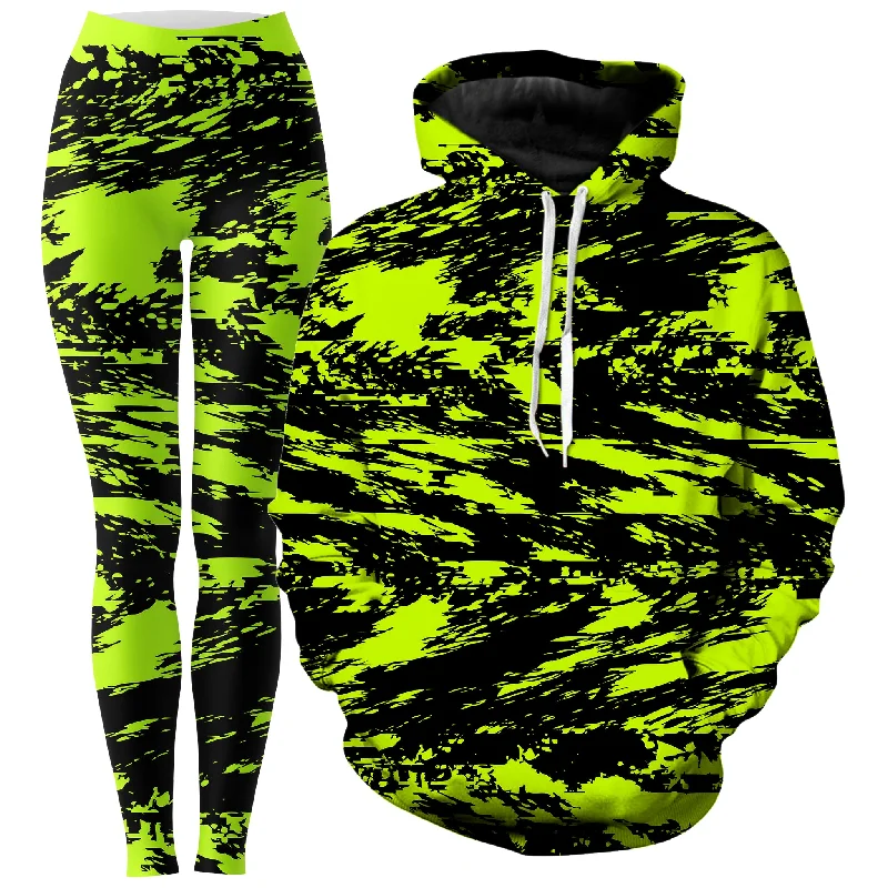 Minimalist Patterns Black Lime Bolt Glitch Hoodie and Leggings Combo