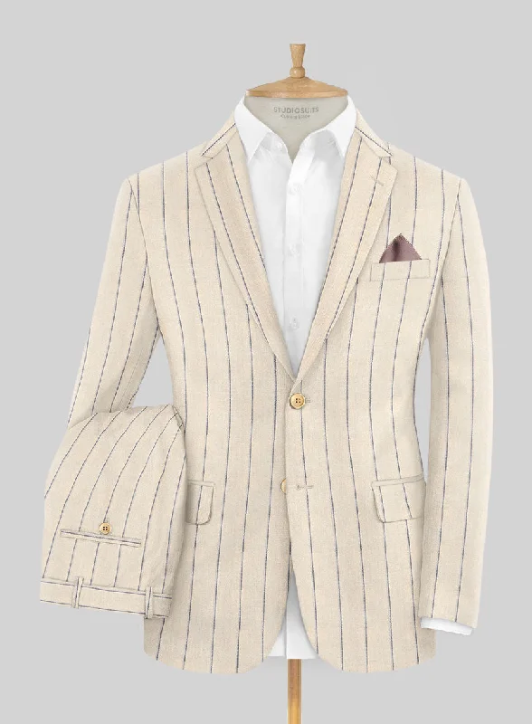 Monochrome Essentials Noble Rosaria Cream Stripe Cotton Silk Linen Suit