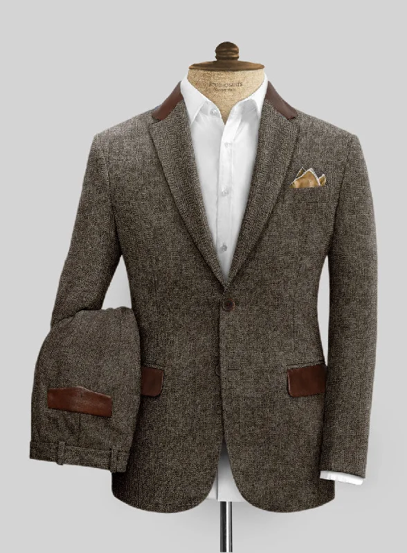 Modern Tailored Vintage Dark Brown Herringbone Tweed Suit - Leather Trims