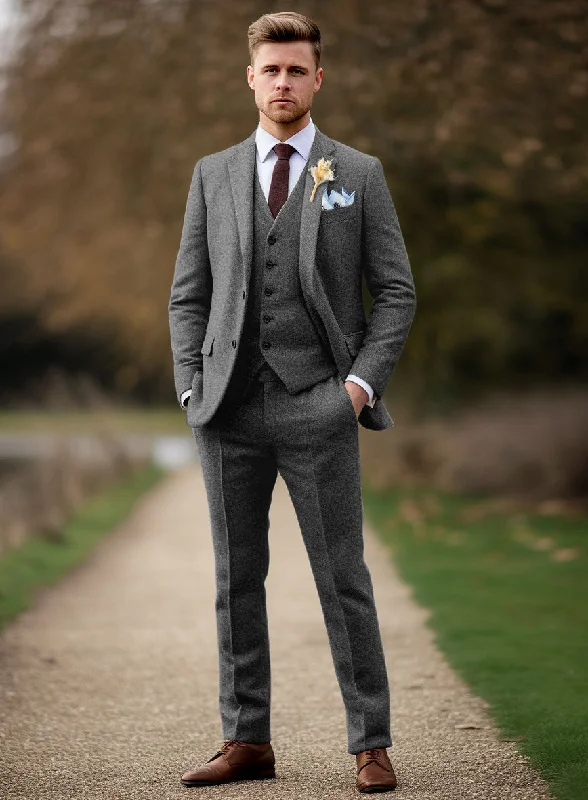 Casual Layers Look Vintage Plain Dark Gray Tweed Suit