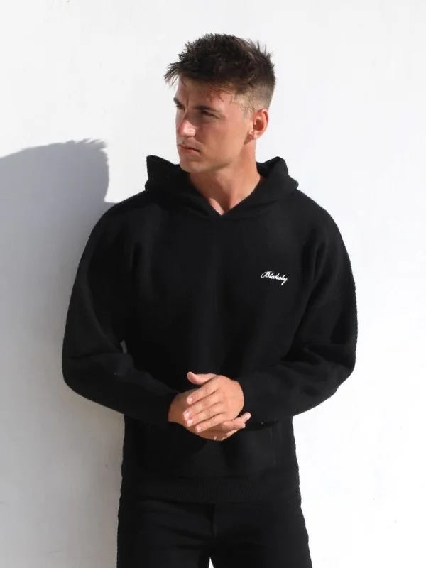 Layered Utility Relaxed Knitted Hoodie - Black