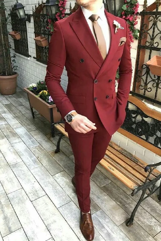 Relaxed Statement Men Suits Maroon Luxury Fashion Designer Double Breasted Suit Wedding Dinner Suit Groom Wear Suits For Men