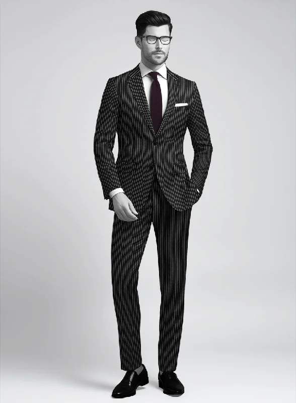 Modern Rugged Napolean Isaura Stripe Black Wool Suit