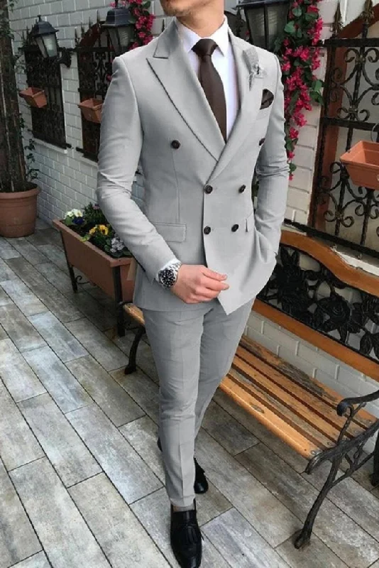 Modern Outerwear Men Suits 2 Piece Grey Double Breasted Wedding Groom Party Wear Dinner Suit